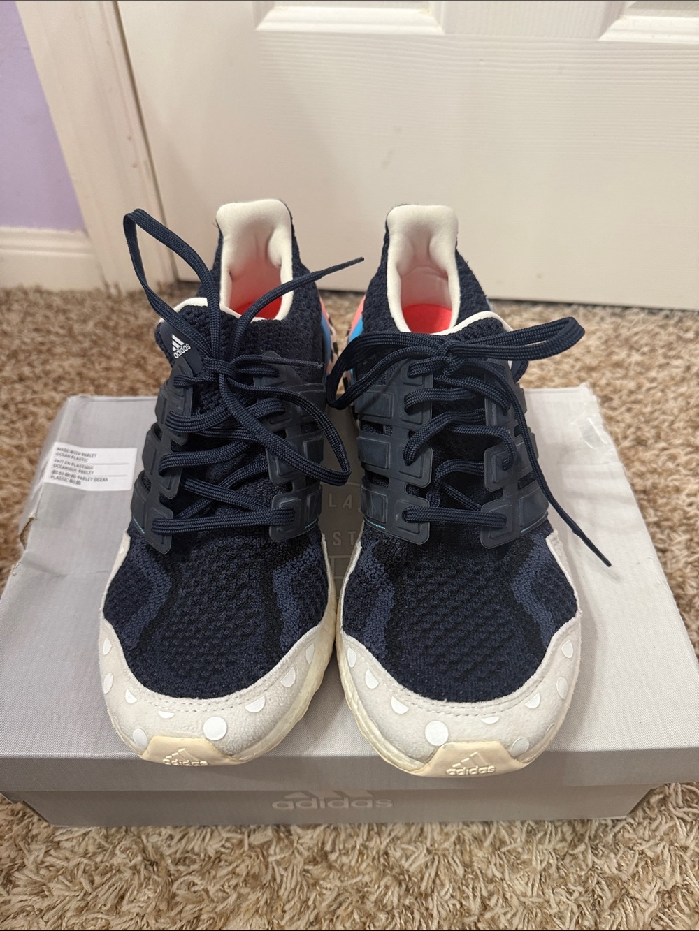 Women’s Adidas Ultraboost Navy, White and Coral Running Sneakers